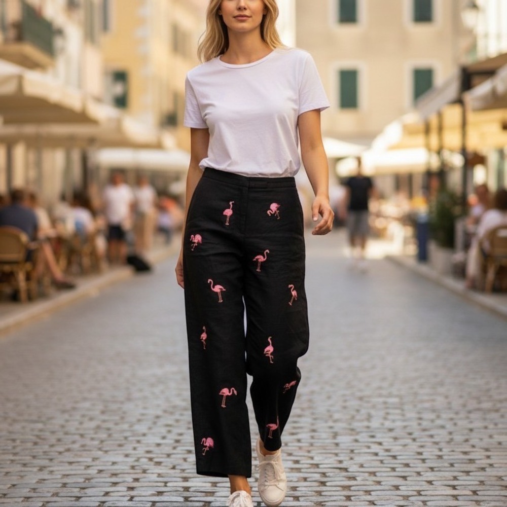Deane & White Womens 100% Linen Black Flamingo Embroidered Cropped Pants Size 10